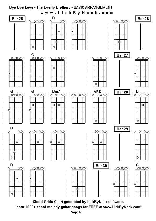 Chord Grids Chart of chord melody fingerstyle guitar song-Bye Bye Love - The Everly Brothers - BASIC ARRANGEMENT,generated by LickByNeck software.